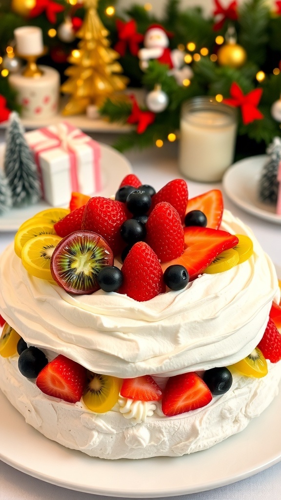 A traditional New Zealand pavlova topped with fresh fruits and whipped cream on a festive table.